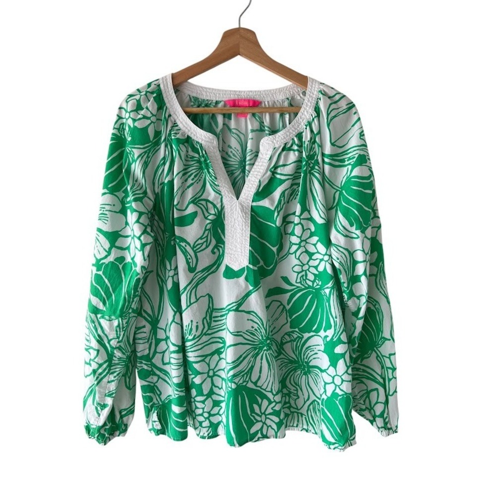 Lilly Pulitzer Camryn Tunic Green White Floral Blouse XL Long Sleeve - Picture 2 of 8